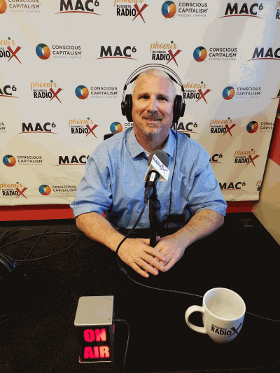 Picture of David Steinmetz in the Phoenix Business RadioX studio.