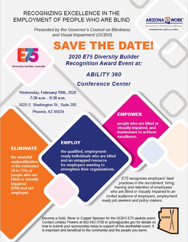 2020 E75 Diversity Builder Recognition Award Event Flyer - Wednesday, February 19th, 2020, 7:30 a.m. - 9:30 a.m. - Location: 5025 E Washington St., Suite 200, Phoenix, AZ 85034